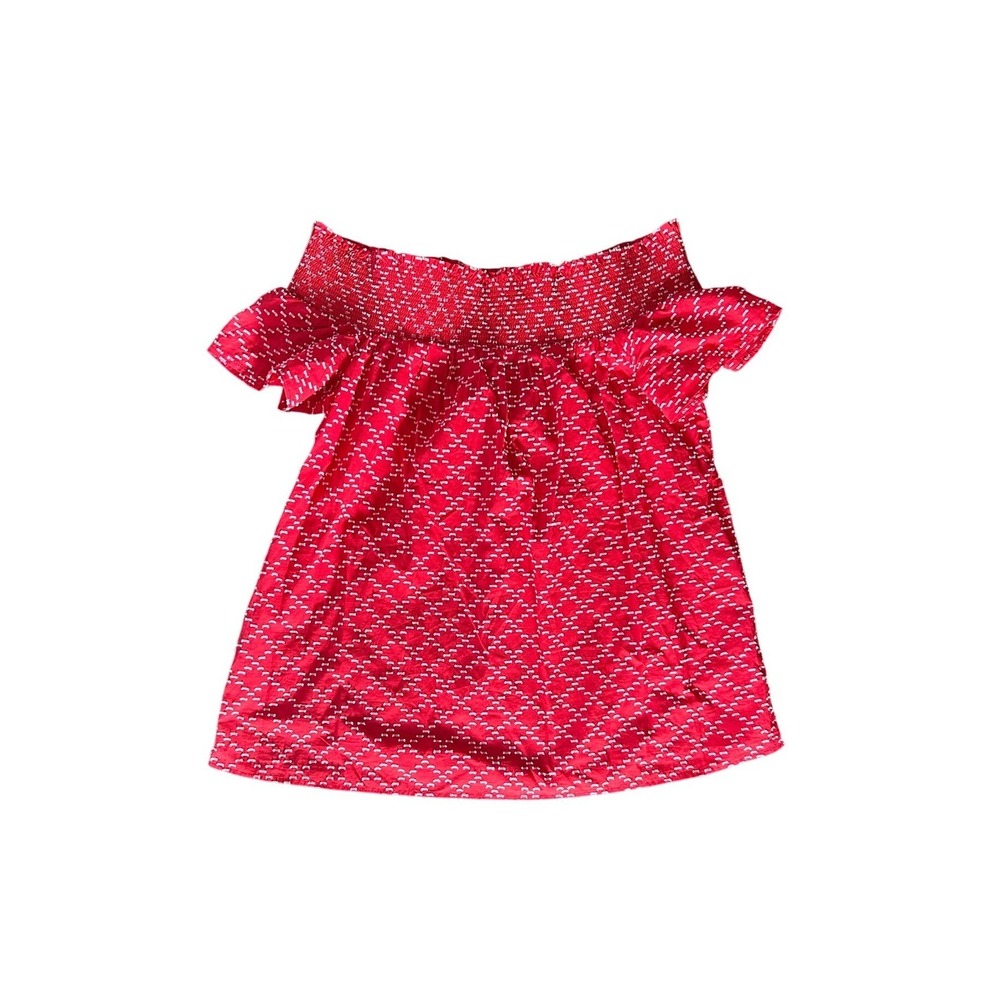 Ann Taylor Petite Red White Geometric Dobby Smocked Off the Shoulder Top SP‎